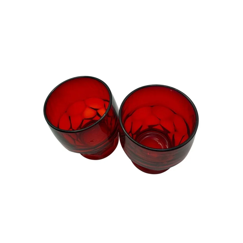 Vintage Ruby Red Textured Faceted Juice Glasses Set of 2 Crimson Tumblers
